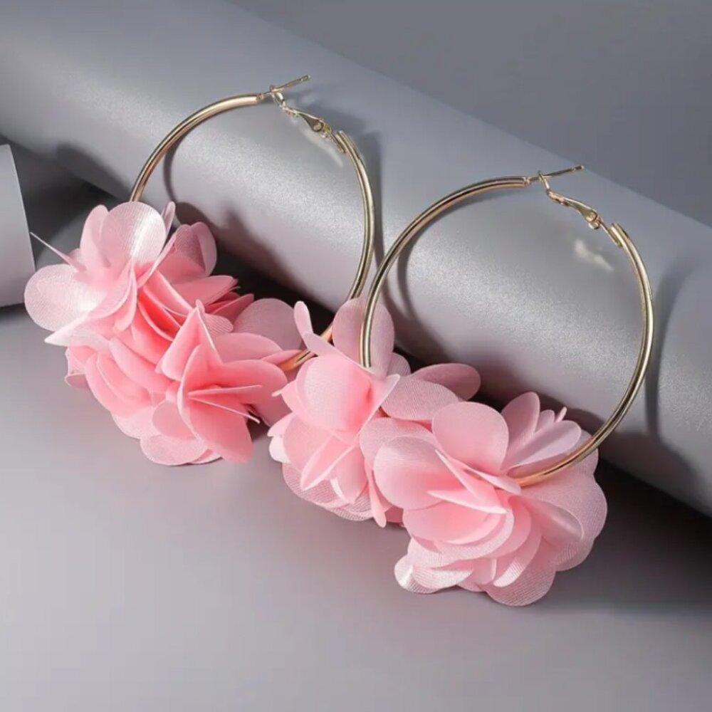 Women's Pink Fabric Flower Gold Metal Hoop Earrings